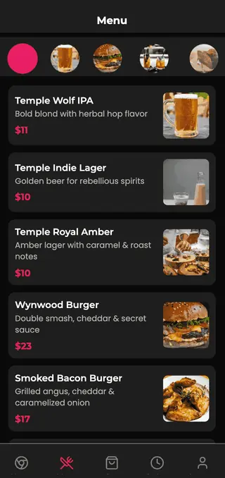 Menú de la app móvil de Temple Craft